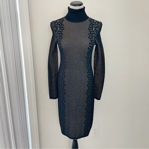 Neiman Marcus Perforated Knit Turtleneck Bodycon Midi Dress Black Nude Sz Small